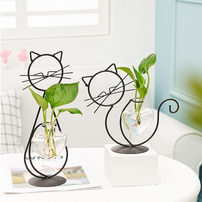 cat plant pot holder Kitty Cat Iron with Heart Glass Vase Plant Propagation Station 1pc Sitting Cat & 1pc Playing Cat