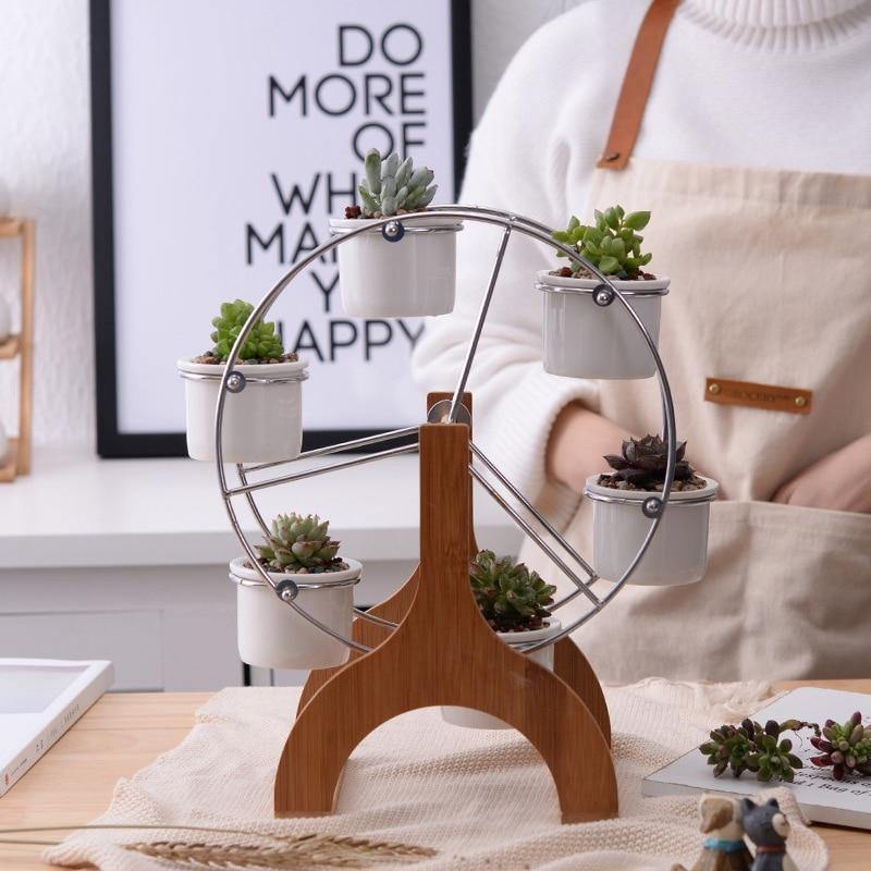succulent ferris wheel Wooden Carousel with Ceramic Succulent Planters