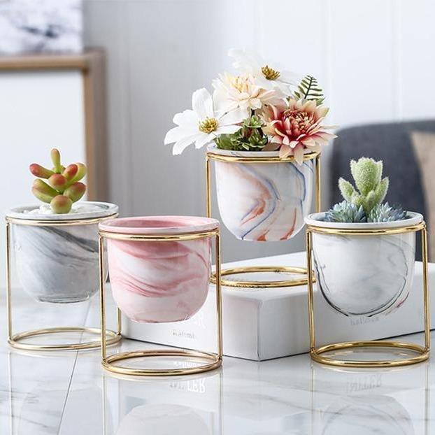 Ceramic Planter with Gold Metal Plant Stand Grey