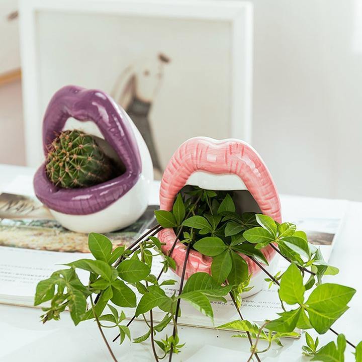 wide mouth plant pot Smooch Lips Ceramic Planter Pink