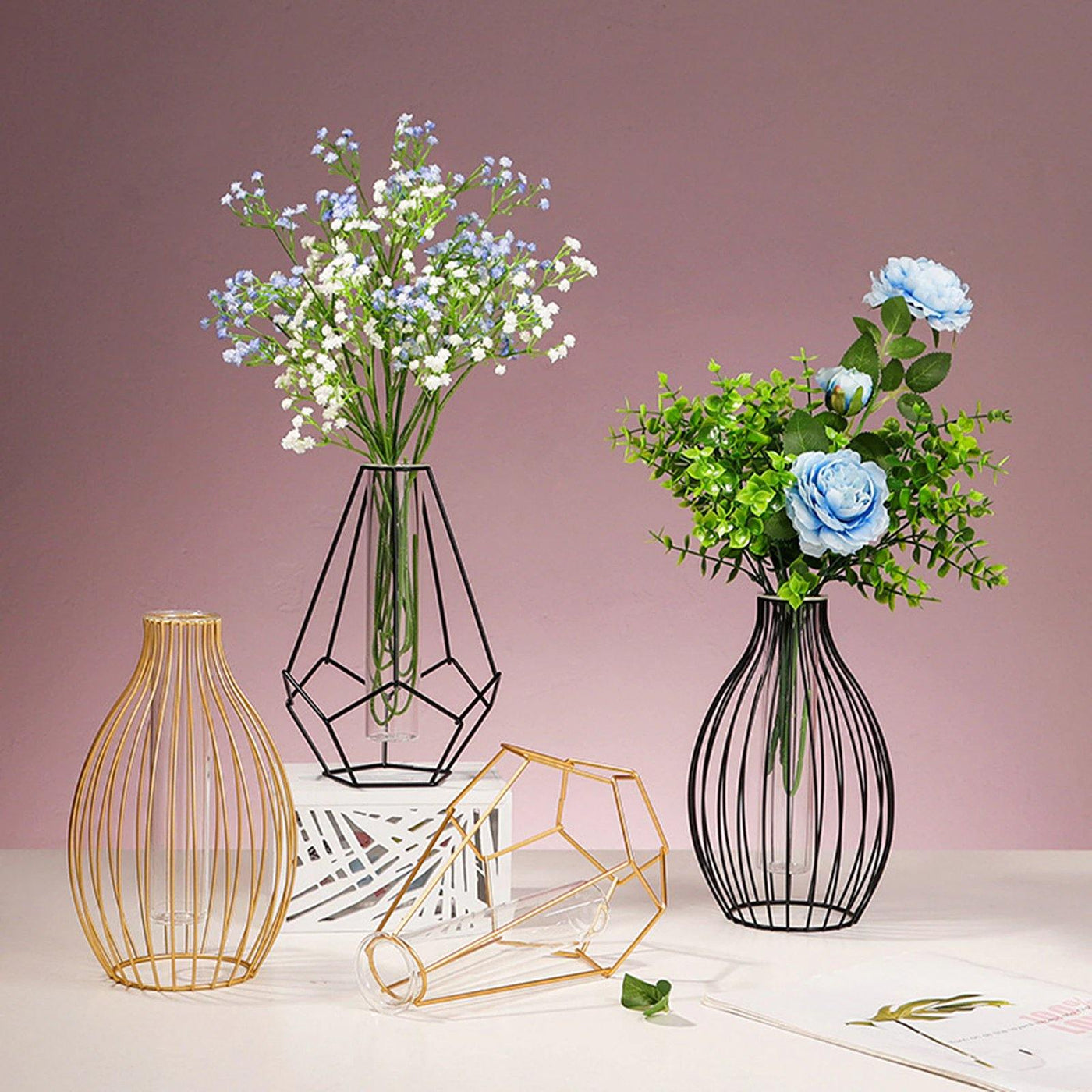 Iron Geometric Flower Vase with Glass Tube - Lily & Eden