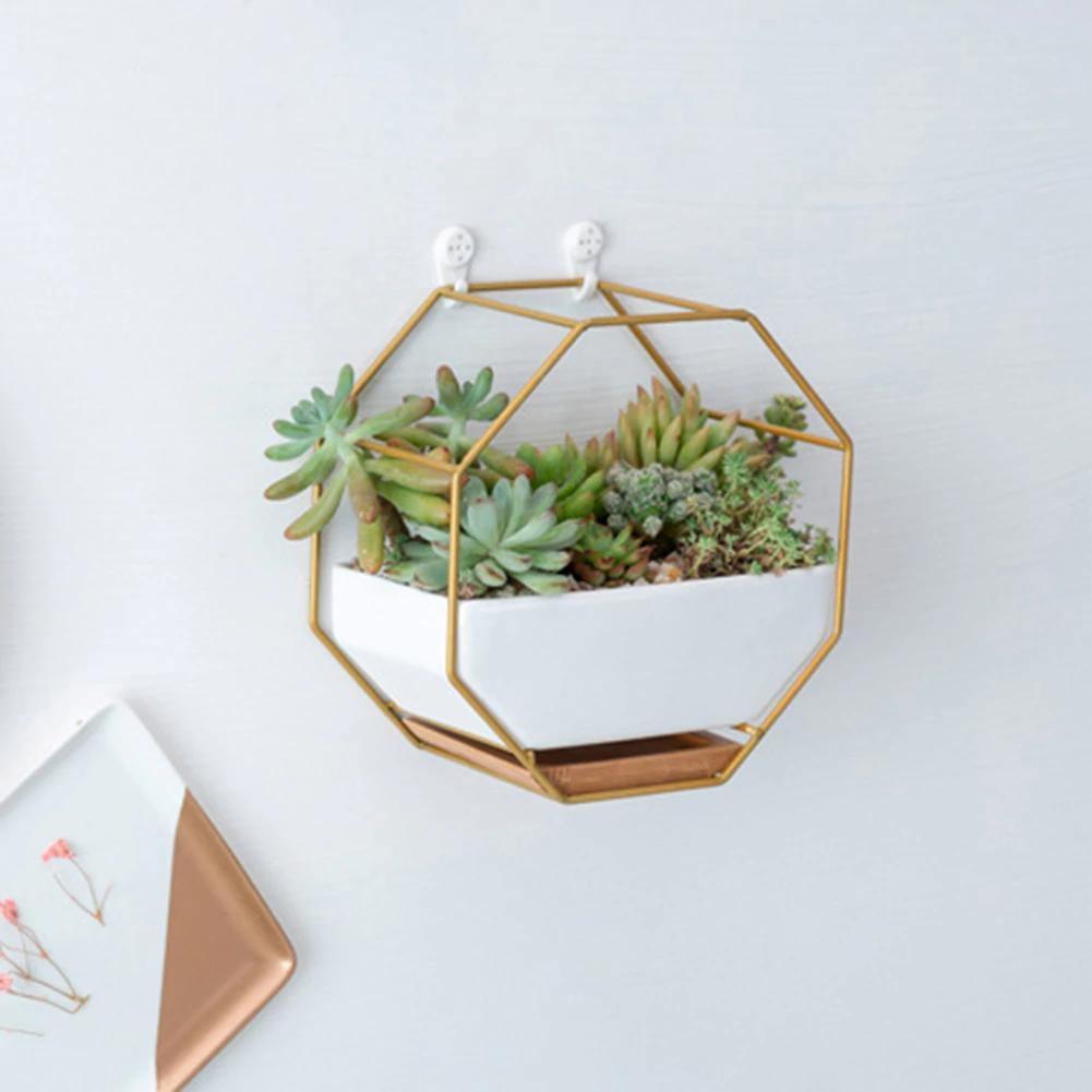 Ceramic Geometric Wall Planter with Iron Octagonal Frame - Lily & Eden