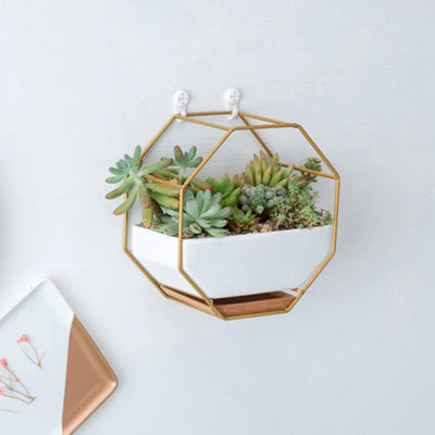 Ceramic Geometric Wall Planter with Iron Octagonal Frame - Lily & Eden