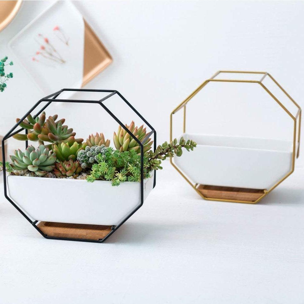 Ceramic Geometric Wall Planter with Iron Octagonal Frame - Lily & Eden