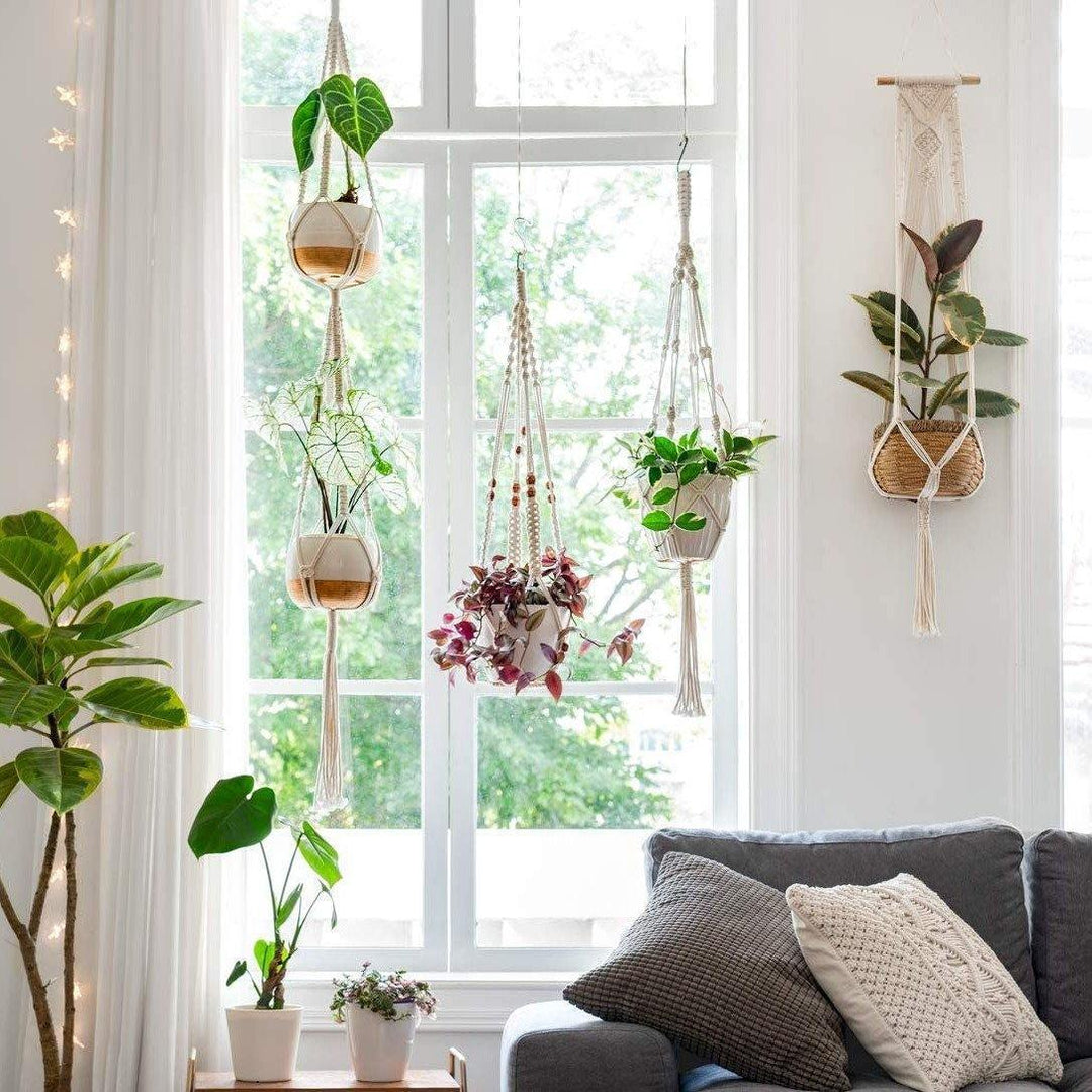 macrame plant hanger in living room 4-Piece Handcrafted Boho Macrame Plant Holder Set