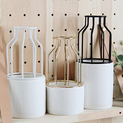 Iron and Ceramic Vase with Grated Design - Lily & Eden