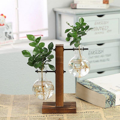 Glass Plant Vase with Vertical Wood Stand - Lily & Eden