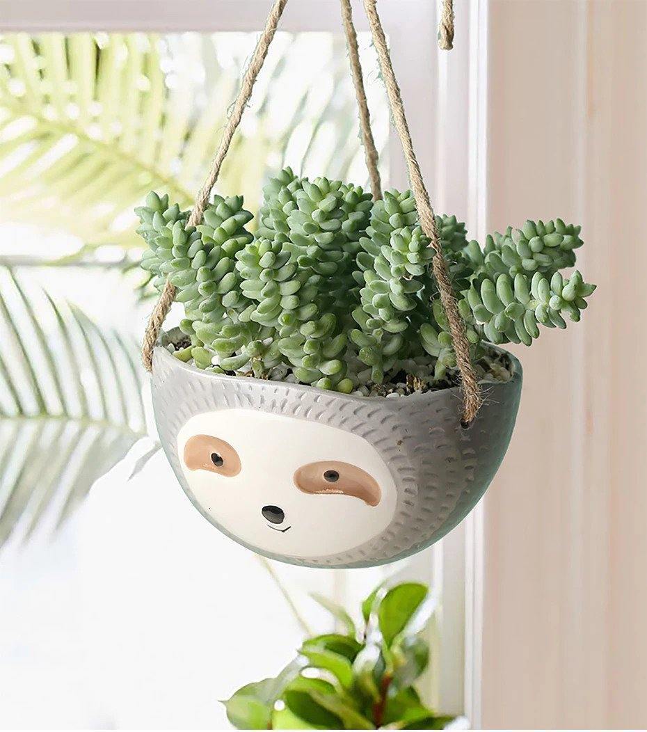 Sloth Ceramic Hanging Succulent Planter LightGrey / Dish | Lily & Eden
