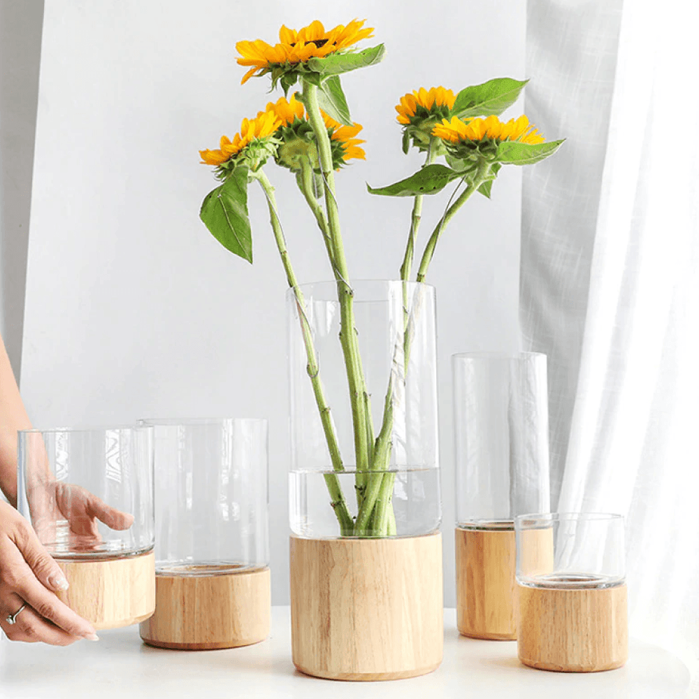 Tranquility Wooden Base Glass Vases - Lily & Eden