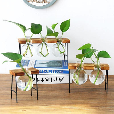 Glass Plant Vase with Metal and Wooden Stand - Lily & Eden