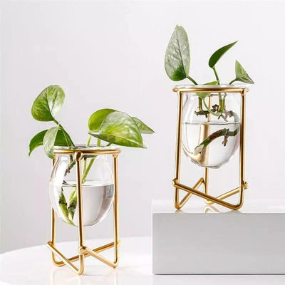 Glass Plant Vase with Modern Iron Stand - Lily & Eden