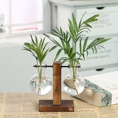 Glass Plant Vase with Vertical Wood Stand - Lily & Eden