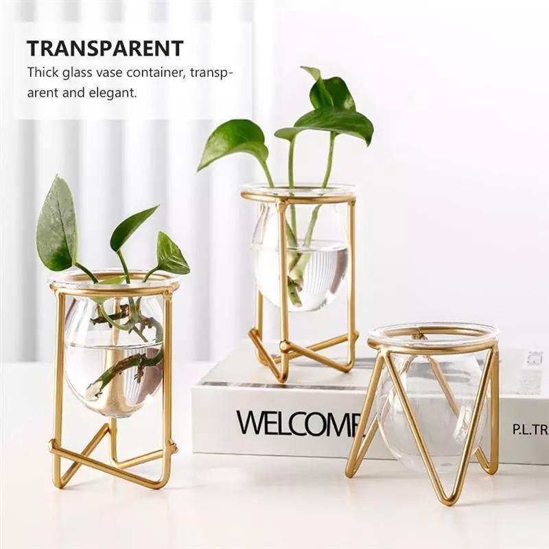 Glass Plant Vase with Modern Iron Stand - Lily & Eden