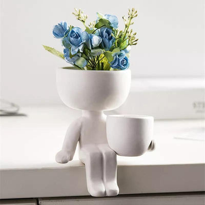 Little Human Ceramic Succulent Planter Sitting Next to Pot / White | Lily & Eden