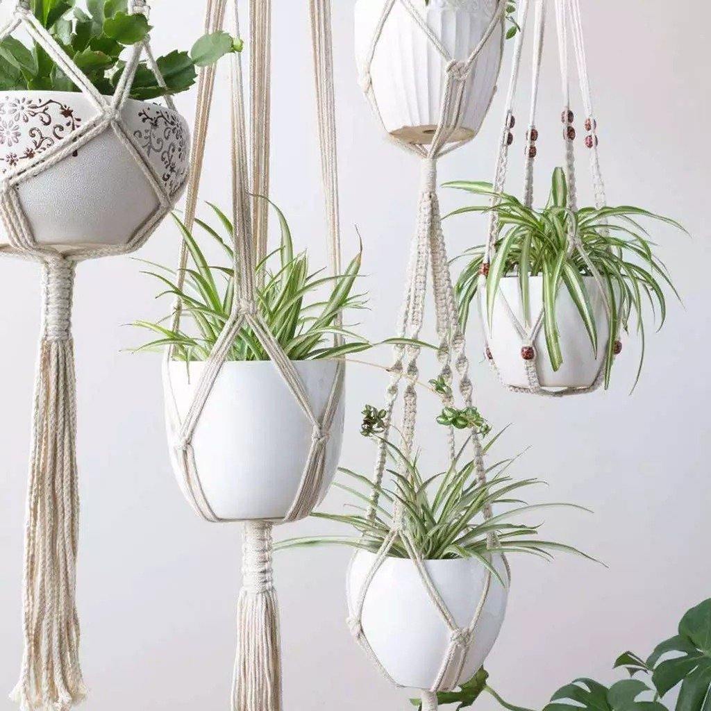 hanging plants holders 4-Piece Handcrafted Boho Macrame Plant Holder Set