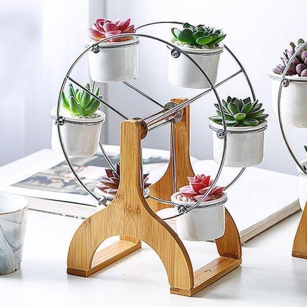 succulent ferris wheel Wooden Carousel with Ceramic Succulent Planters