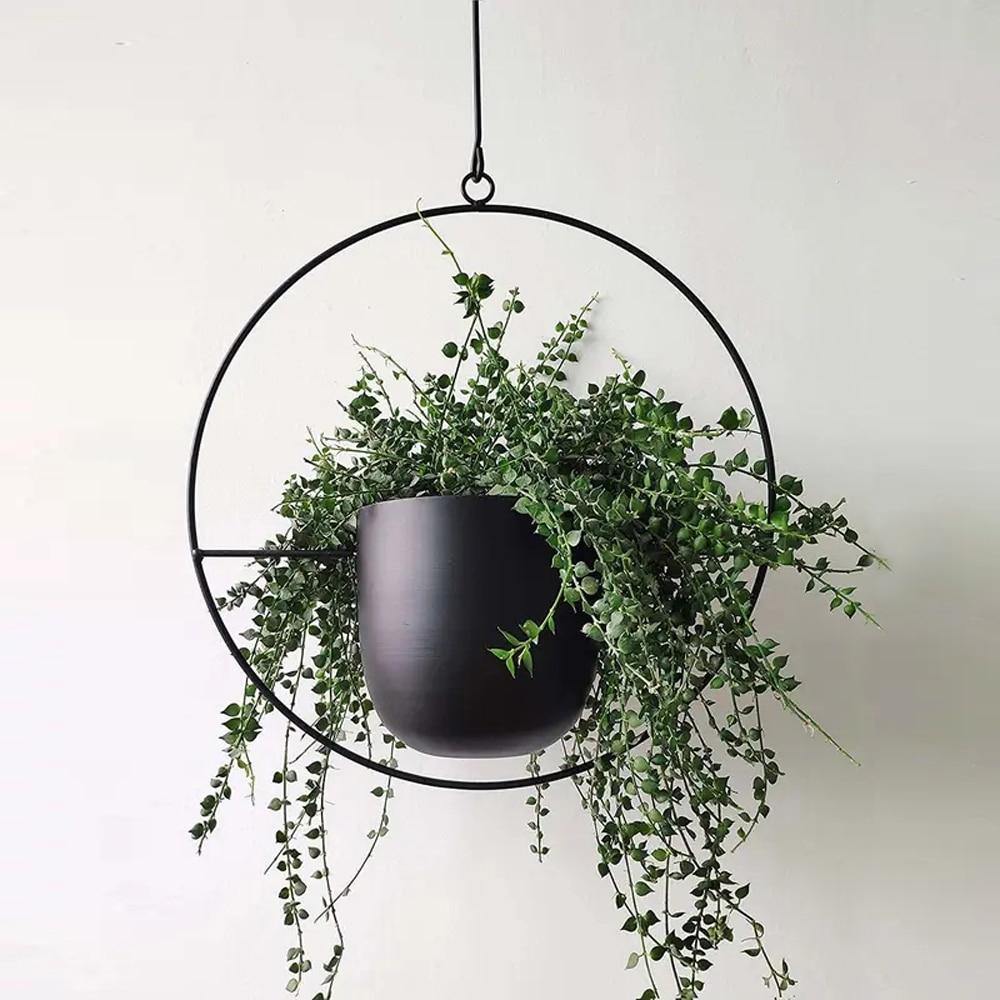 metal hanging plant holder Metal Halo Hanging Planter Black / Round