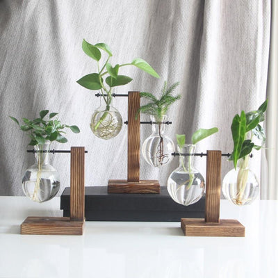 Glass Plant Vase with Vertical Wood Stand - Lily & Eden