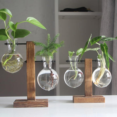 Glass Plant Vase with Vertical Wood Stand - Lily & Eden