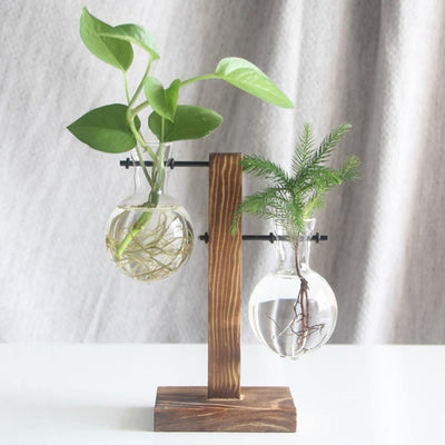 Glass Plant Vase with Vertical Wood Stand - Lily & Eden