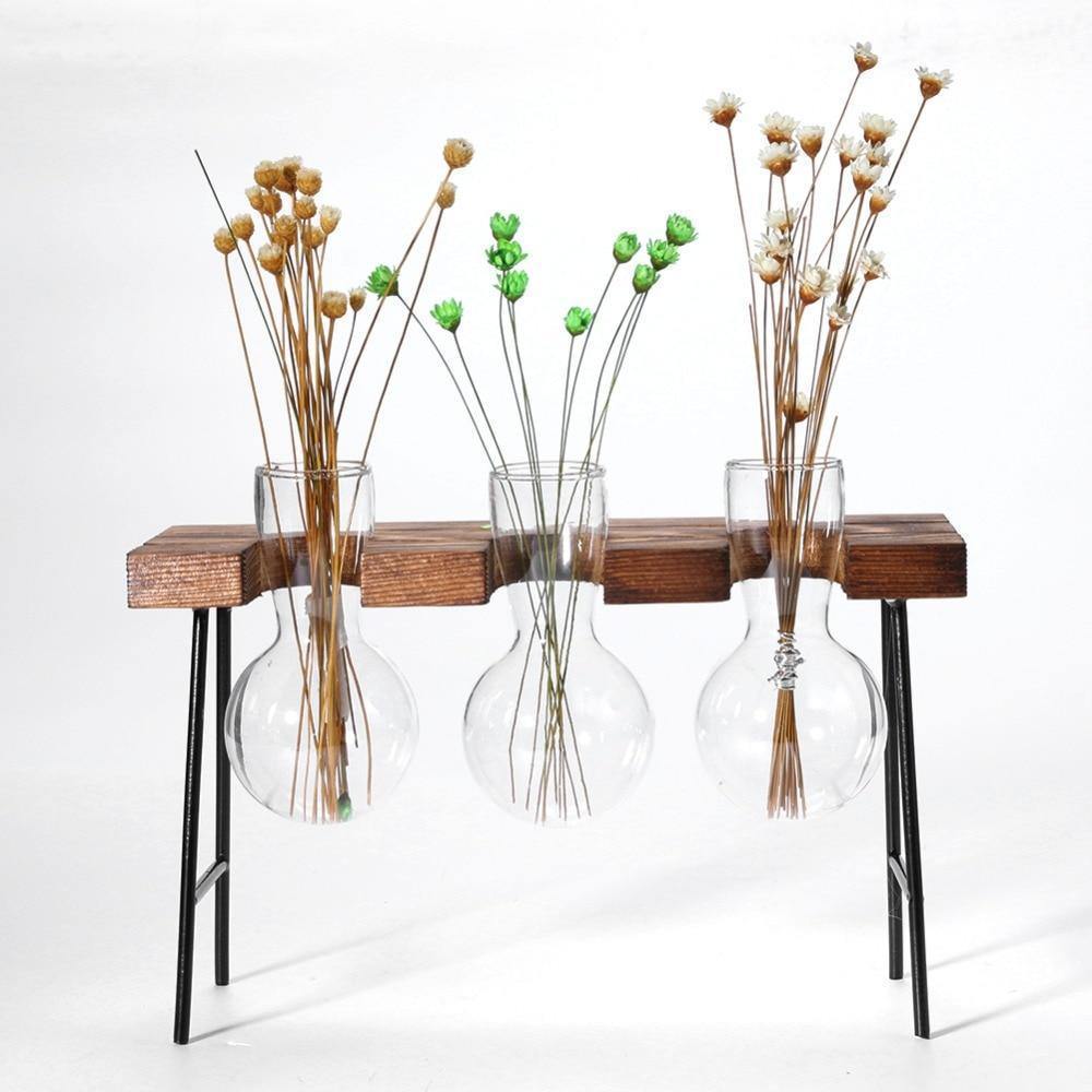 Glass Plant Vase with Metal and Wooden Stand - Lily & Eden