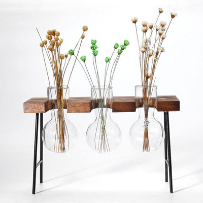 Glass Plant Vase with Metal and Wooden Stand - Lily & Eden