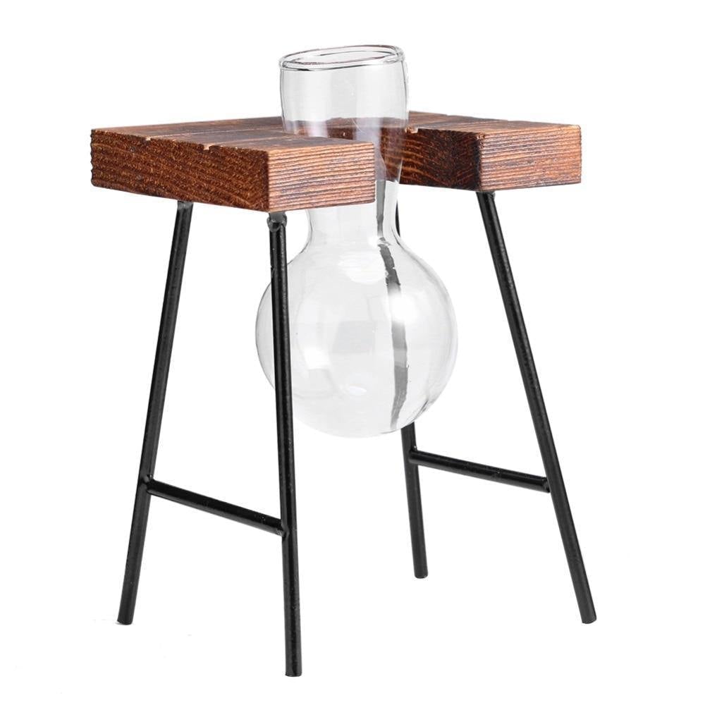 Glass Plant Vase with Metal and Wooden Stand - Lily & Eden