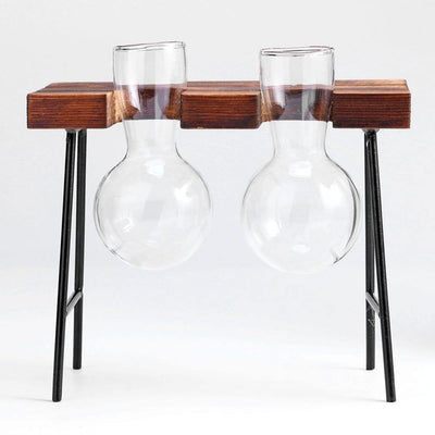 Glass Plant Vase with Metal and Wooden Stand - Lily & Eden