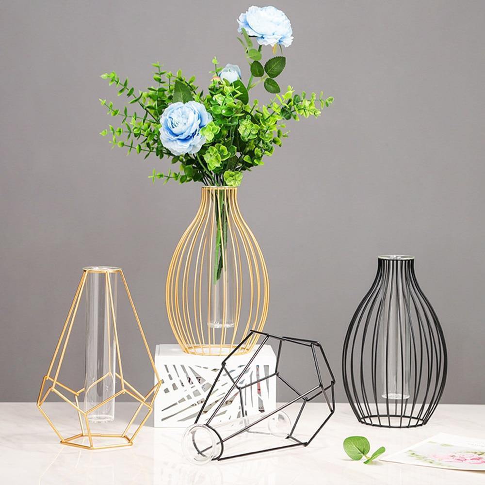 Iron Geometric Flower Vase with Glass Tube - Lily & Eden