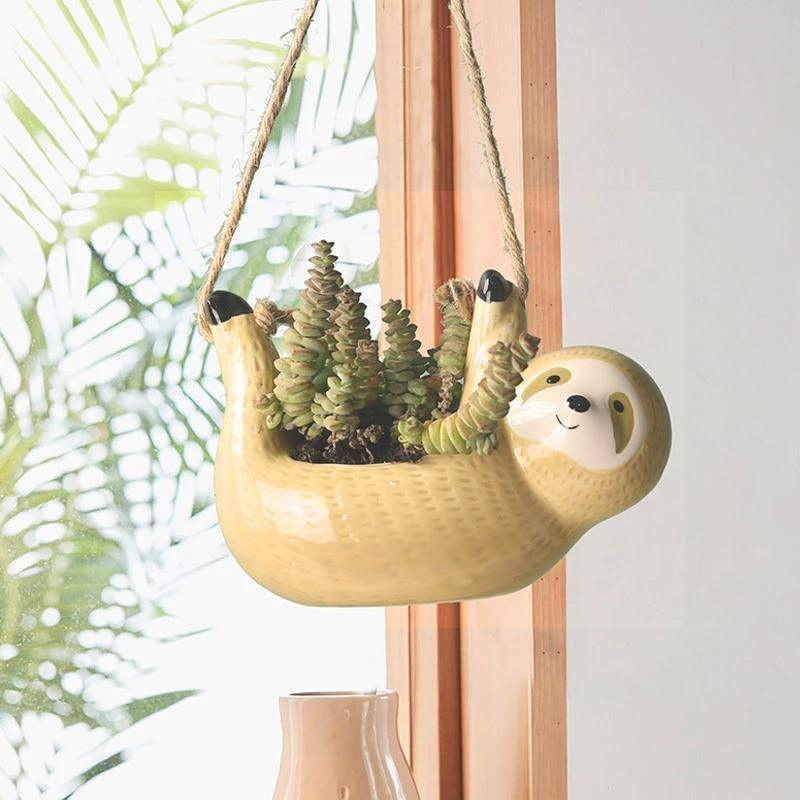 Sloth Ceramic Hanging Succulent Planter Tan / Paws Up | Lily & Eden