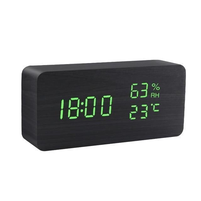 Wooden Cube LED Alarm Clock Black / Rectangle / Time + Temperature + Humidity, Green | Lily & Eden