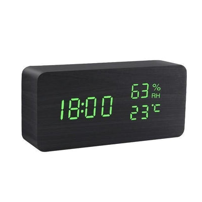 Wooden Cube LED Alarm Clock Black / Rectangle / Time + Temperature + Humidity, Green | Lily & Eden