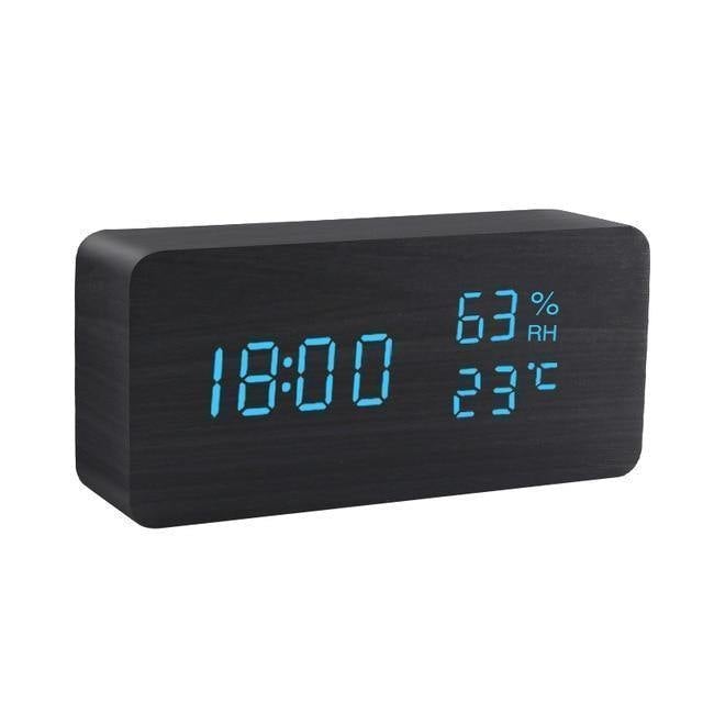 Wooden Cube LED Alarm Clock Black / Rectangle / Time + Temperature + Humidity, Blue | Lily & Eden