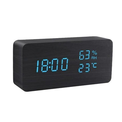 Wooden Cube LED Alarm Clock Black / Rectangle / Time + Temperature + Humidity, Blue | Lily & Eden