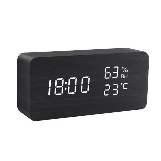 Wooden Cube LED Alarm Clock Black / Rectangle / Time + Temperature + Humidity, White | Lily & Eden