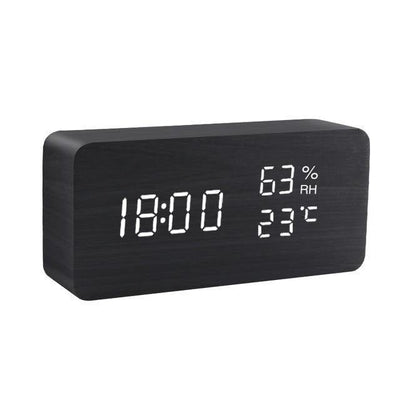 Wooden Cube LED Alarm Clock Black / Rectangle / Time + Temperature + Humidity, White | Lily & Eden