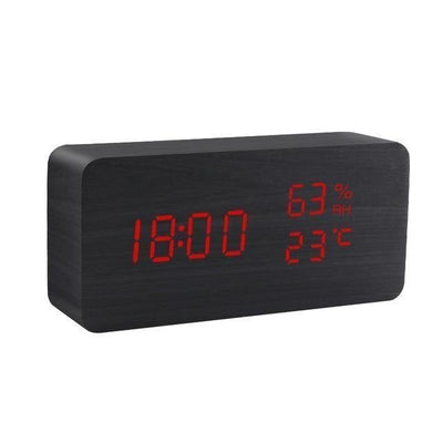 Wooden Cube LED Alarm Clock Black / Rectangle / Time + Temperature + Humidity, Red | Lily & Eden