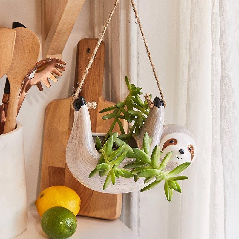 sloth succulent pot Lazy Ceramic Hanging Succulent Planter LightGrey / Paws Up