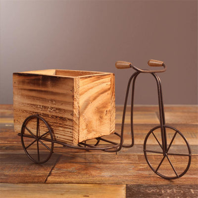 Wrought Iron Tricycle with Wooden Planter Stand