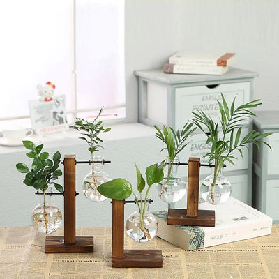 Glass Plant Vase with Vertical Wood Stand - Lily & Eden